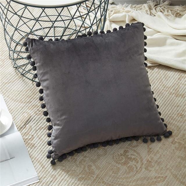 Capas de Almofadas de Veludo e Franja Pompom Capa Veludo Artificio Lar 45cm x 45cm Gray