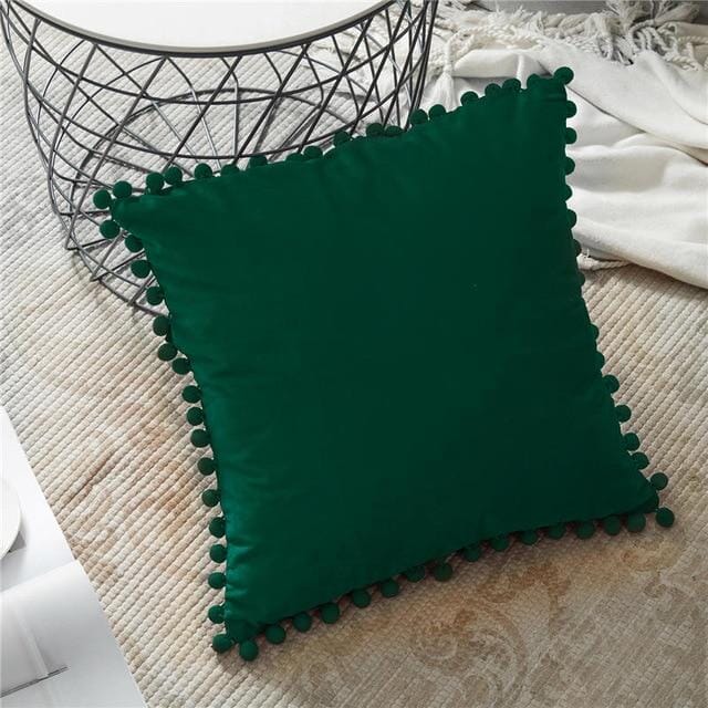 Capas de Almofadas de Veludo e Franja Pompom Capa Veludo Artificio Lar 45cm x 45cm Green