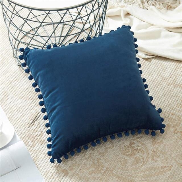 Capas de Almofadas de Veludo e Franja Pompom Capa Veludo Artificio Lar 45cm x 45cm Navy