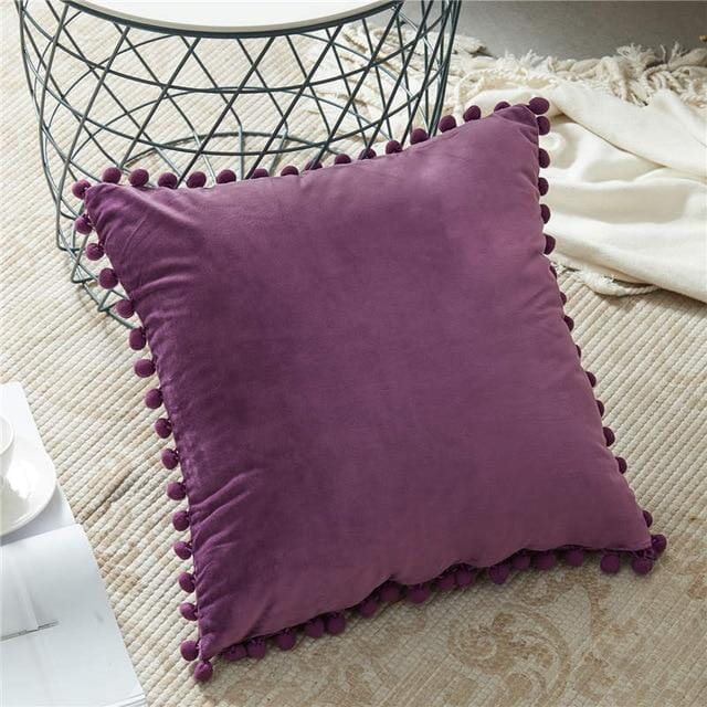 Capas de Almofadas de Veludo e Franja Pompom Capa Veludo Artificio Lar 45cm x 45cm Purple