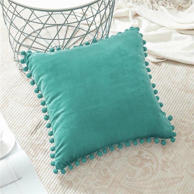 Capas de Almofadas de Veludo e Franja Pompom Capa Veludo Artificio Lar 45cm x 45cm Turquesa
