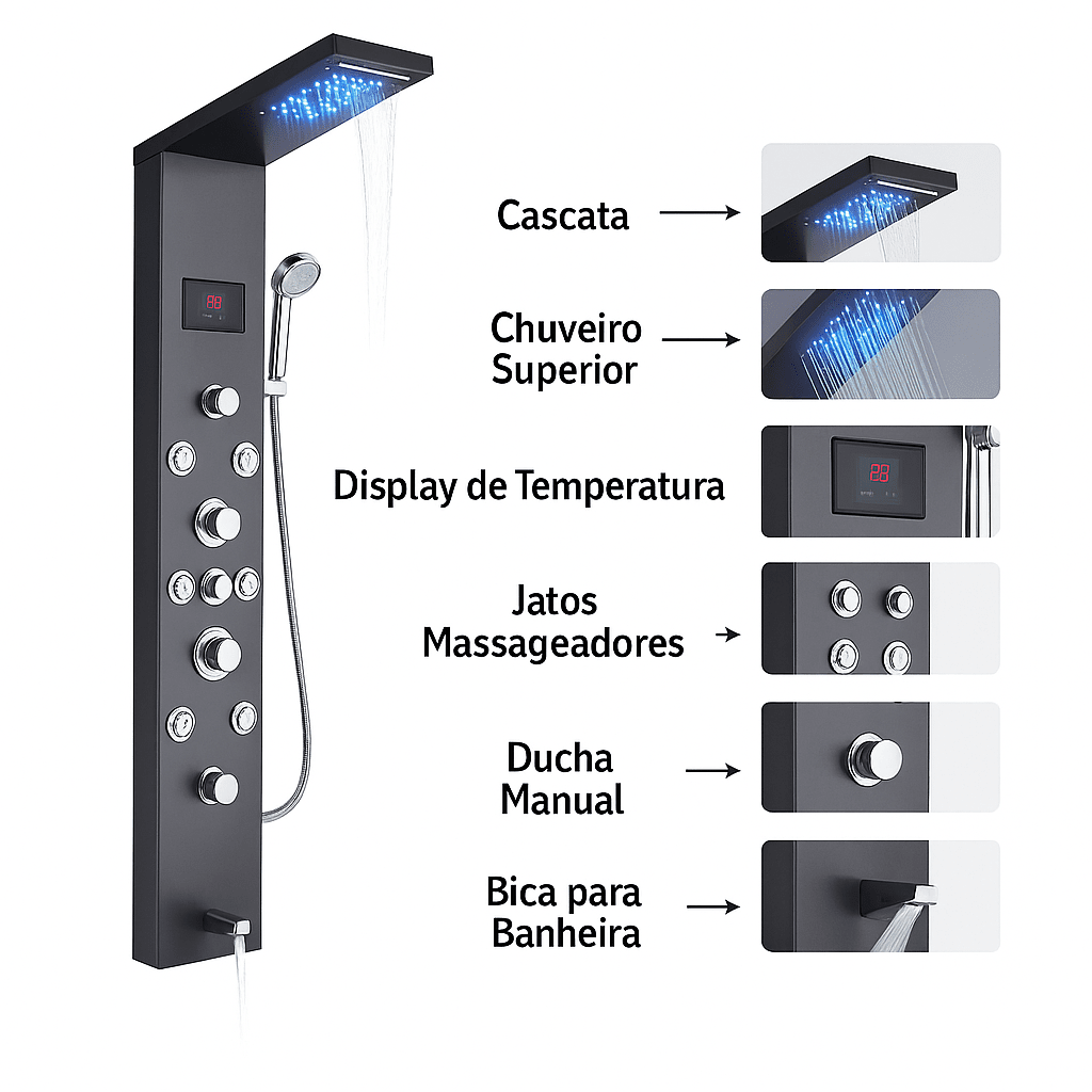 Ducha Vertical Com Hidro Cascata Led Visor Inox Spa Trust Ducha Vertical Com Hidro Cascata Led Visor Inox Artificio Lar