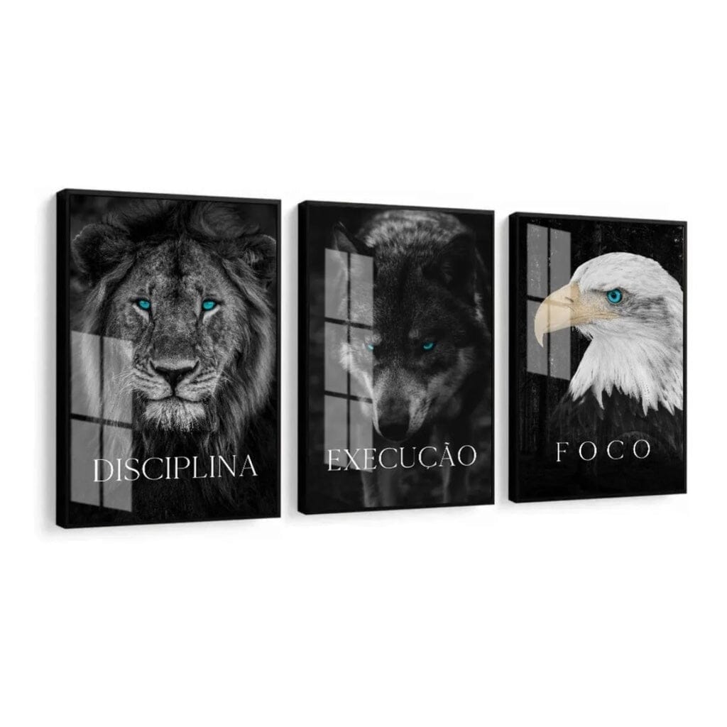 Kit 3 Quadros Decorativos Leão Animais Motivacional Moderno Para Sala Quarto Com Moldura e Vidro Quadros Artificio Lar