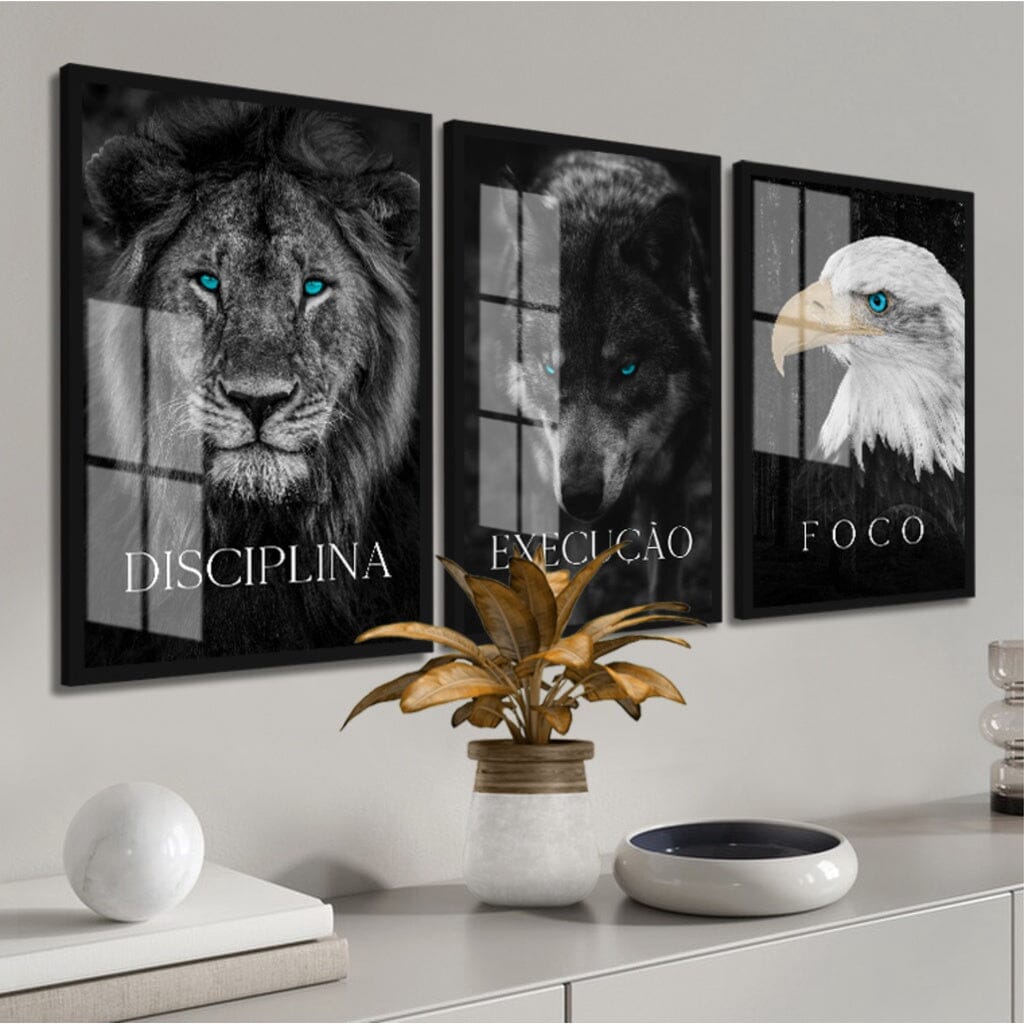 Kit 3 Quadros Decorativos Leão Animais Motivacional Moderno Para Sala Quarto Com Moldura e Vidro Quadros Artificio Lar