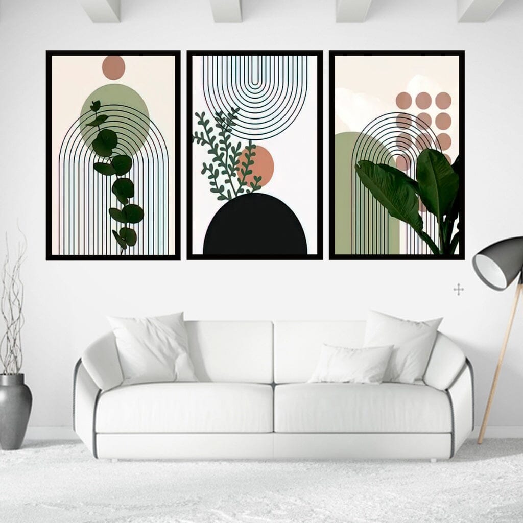 Kit 3 Quadros Decorativos Para Sala Folhagem Neutras Folhas Coloridas Moldura Luxo Quadros Artificio Lar 50X30CM A Pronta Entrega