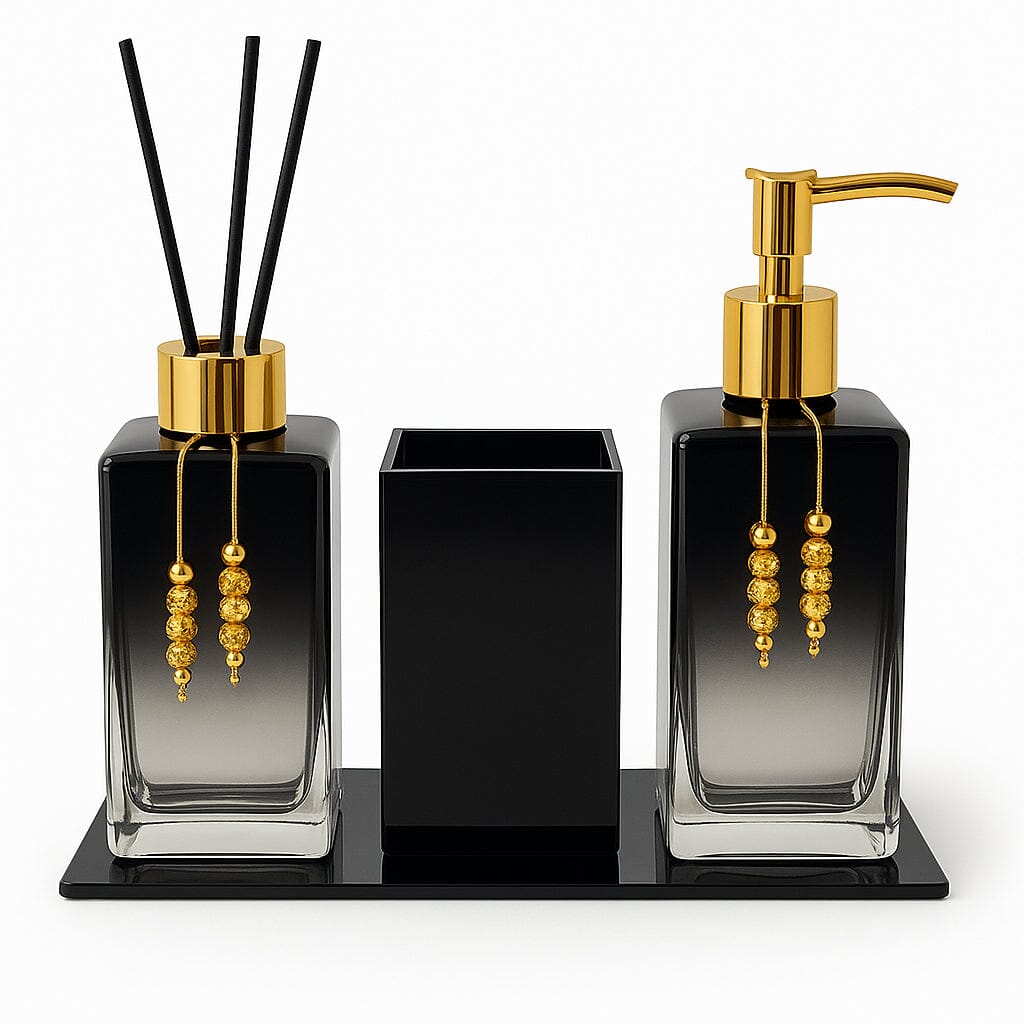 Kit Lavabo Luxo Sabonete Líquido Troover C/ Porta Escovas e Aromatizante Kit Lavabo Luxo Sabonete Líquido Troover C/ Porta Escovas e Aromatizante Artificio Lar Preto Degrade C/ Dourado A Pronta Entrega