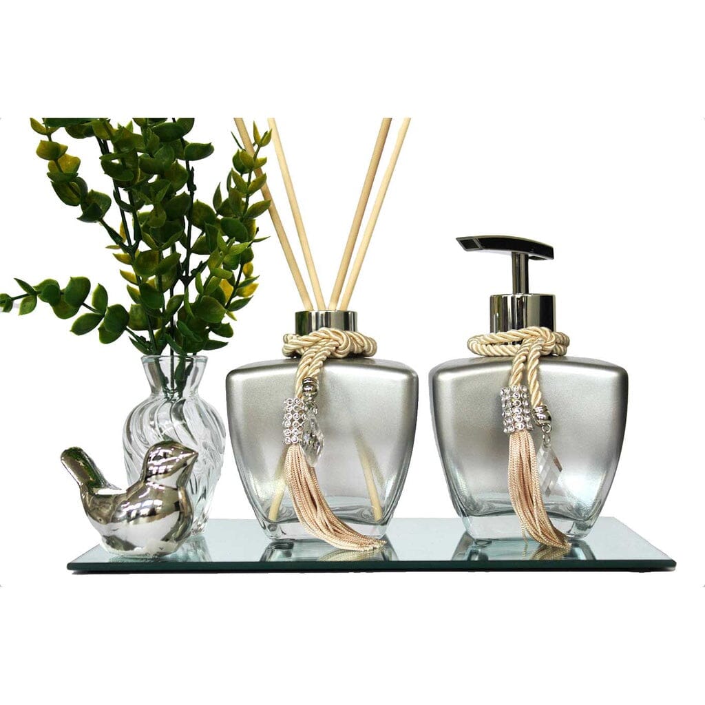 Kit Lavabo Vidro Estrela Super Luxo Difusor E Saboneteira C/ Bandeja + Enfeite grupo 01 acessorios para banheiro Artificio Lar Degrade Prata Pássarinho