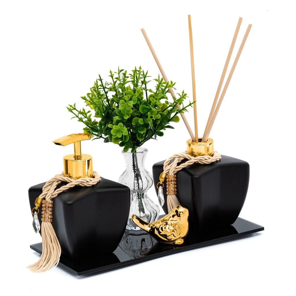 Kit Lavabo Vidro Estrela Super Luxo Difusor E Saboneteira C/ Bandeja + Enfeite grupo 01 acessorios para banheiro Artificio Lar Preto Fosco Pássarinho