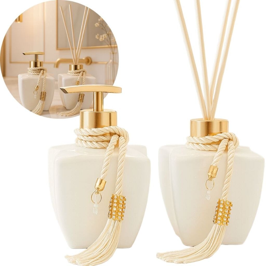 Kit Vidros Lavabo Branco Deluxe C/ Enfeite Difusor E Sabonete Kit Vidros Lavabo Branco Deluxe C/ Enfeite Difusor E Sabonete Artificio Lar Dourado