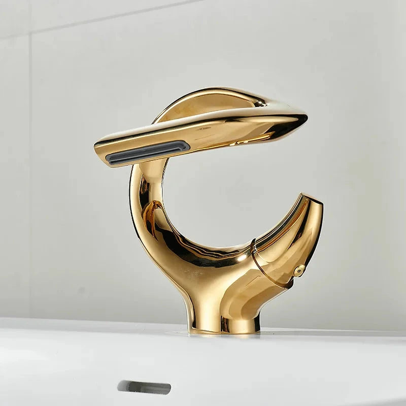 TOLM Basin faucet brass waterfall bathroom basin hot and cold mixer faucet single handle crane chrome mixer faucet Artificio Lar Golden
