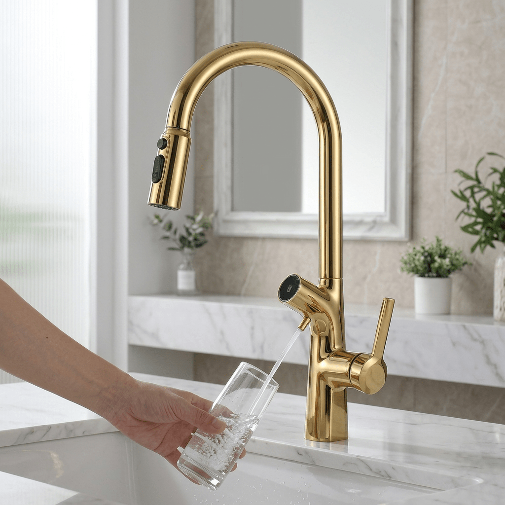 Torneira Gourmet AquaPura Dourada Kitchen Hutches Artificio Lar Dourado