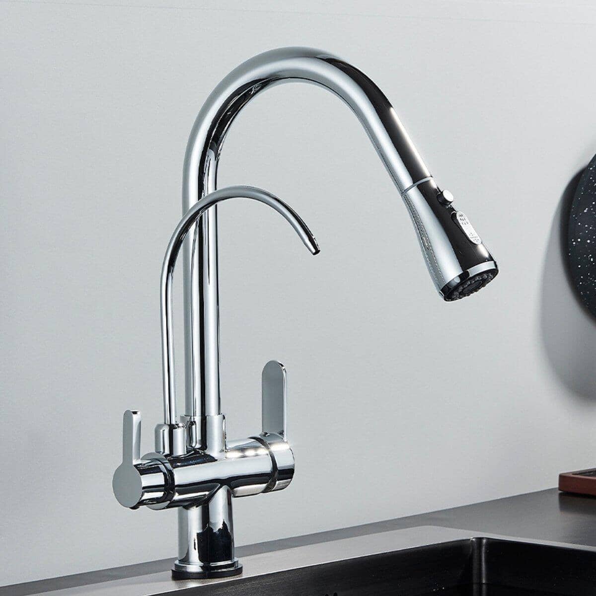 Torneira Gourmet Com Filtro Extensiva Spray 3 Saídas Kraus torneira gourmet Cozinha Artificio Lar Cromado