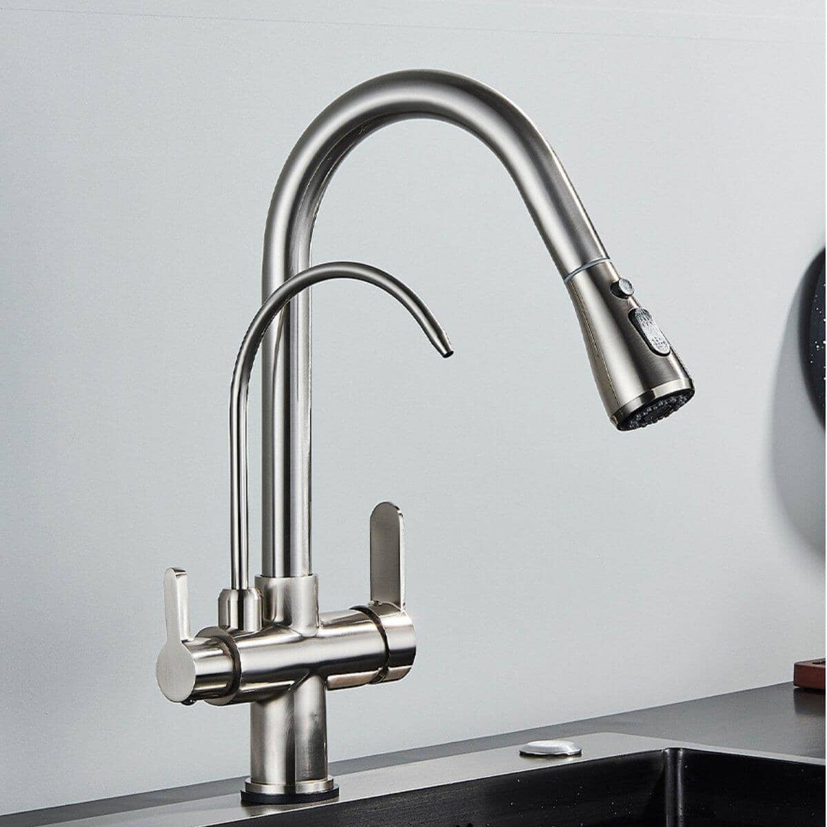 Torneira Gourmet Com Filtro Extensiva Spray 3 Saídas Kraus torneira gourmet Cozinha Artificio Lar Níquel Escovado