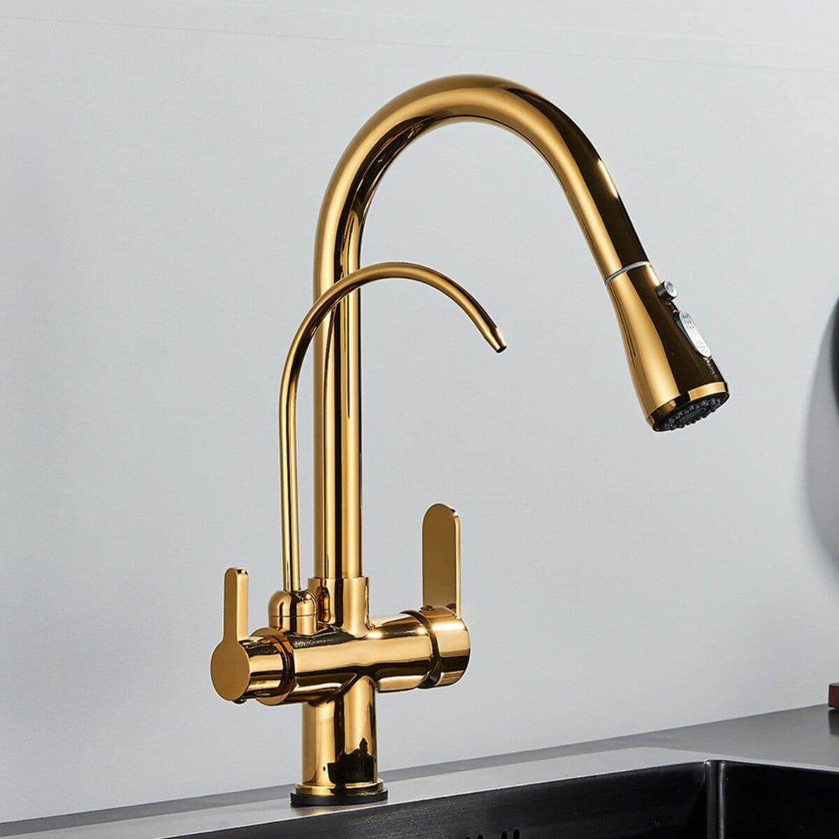 Torneira Gourmet Com Filtro Extensiva Spray 3 Saídas Kraus torneira gourmet Cozinha Artificio Lar Ouro Polido