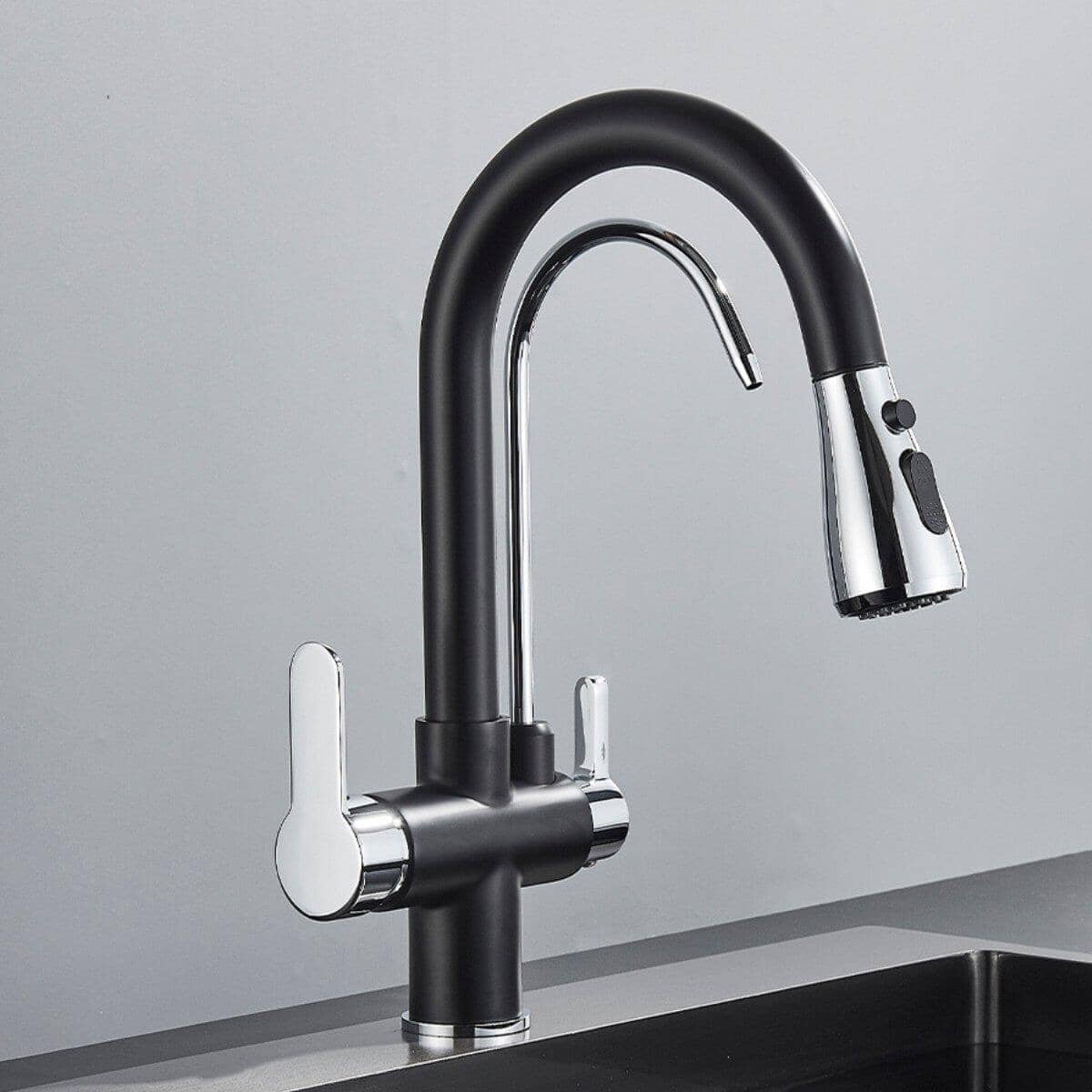 Torneira Gourmet Com Filtro Extensiva Spray 3 Saídas Kraus torneira gourmet Cozinha Artificio Lar Preto e Cromado