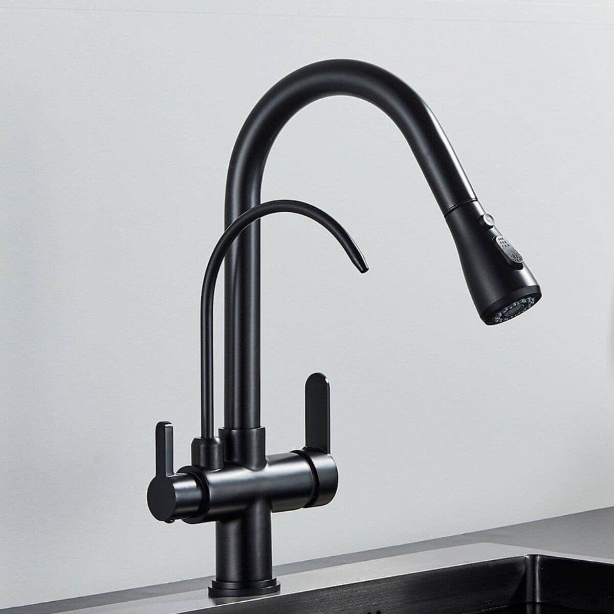 Torneira Gourmet Com Filtro Extensiva Spray 3 Saídas Kraus torneira gourmet Cozinha Artificio Lar Preto Fosco