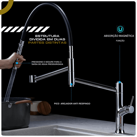 Torneira Gourmet Cozinha Monocomando Premium Luxo Dupla Funcionalidade extensível Rower Artificio Lar
