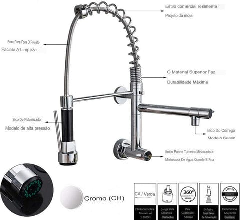 Torneira Gourmet Extensível De Parede Dual Spray Monocomando JassPoll torneira gourmet Cozinha Artificio Lar
