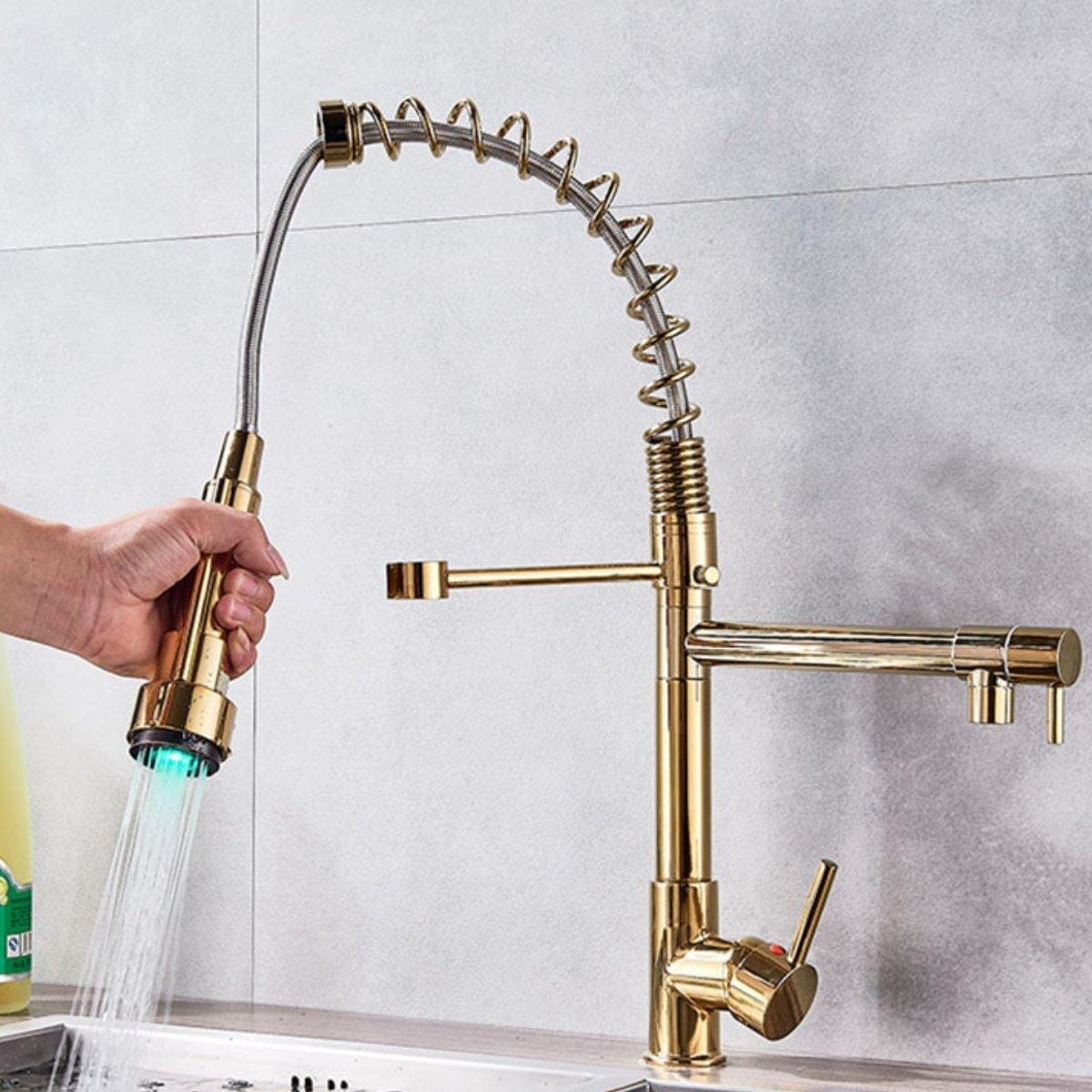 Torneira Gourmet LED Mola Duo Bronze Giratória 360° Quizz torneira gourmet Cozinha Artificio Lar Ouro Polido A Pronta Entrega