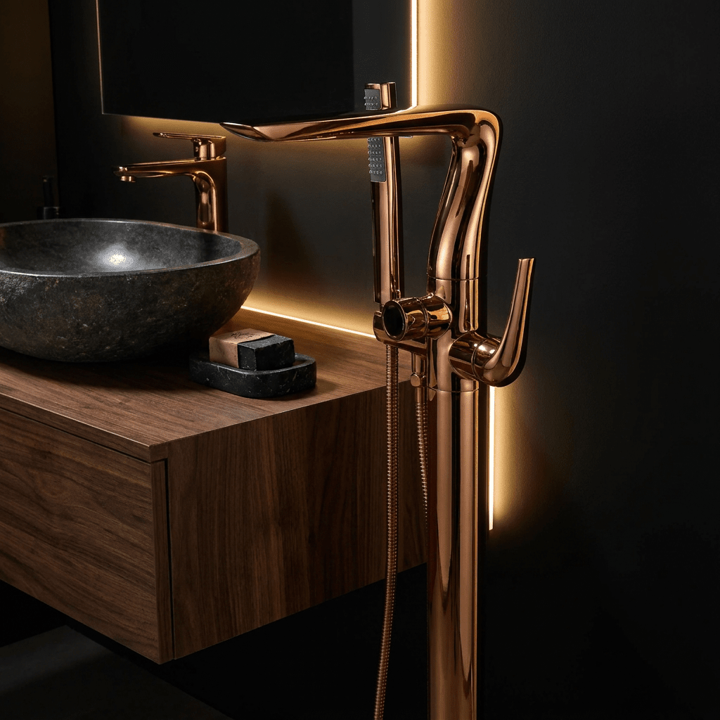 Torneira Monocomando AquaLux Rose Gold Bathroom Cabinets Artificio Lar