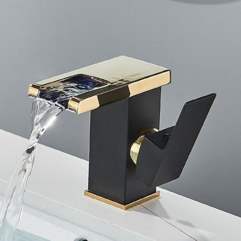 Torneira Para Banheiro Casacata LED Monocomando Trover torneira banheiro Artificio Lar Preto Fosco C/ Ouro Polido A Pronta Entrega