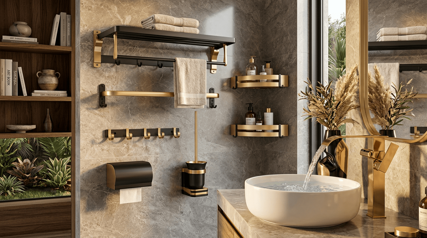 Banheiro de Luxo: Kit Black & Dourado na Decoração Atual