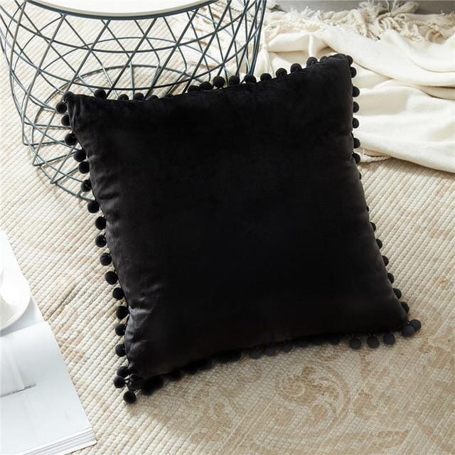 Capas de Almofadas de Veludo e Franja Pompom Capa Veludo Artificio Lar 45cm x 45cm Black 