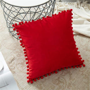 Capas de Almofadas de Veludo e Franja Pompom Capa Veludo Artificio Lar 45cm x 45cm Red 