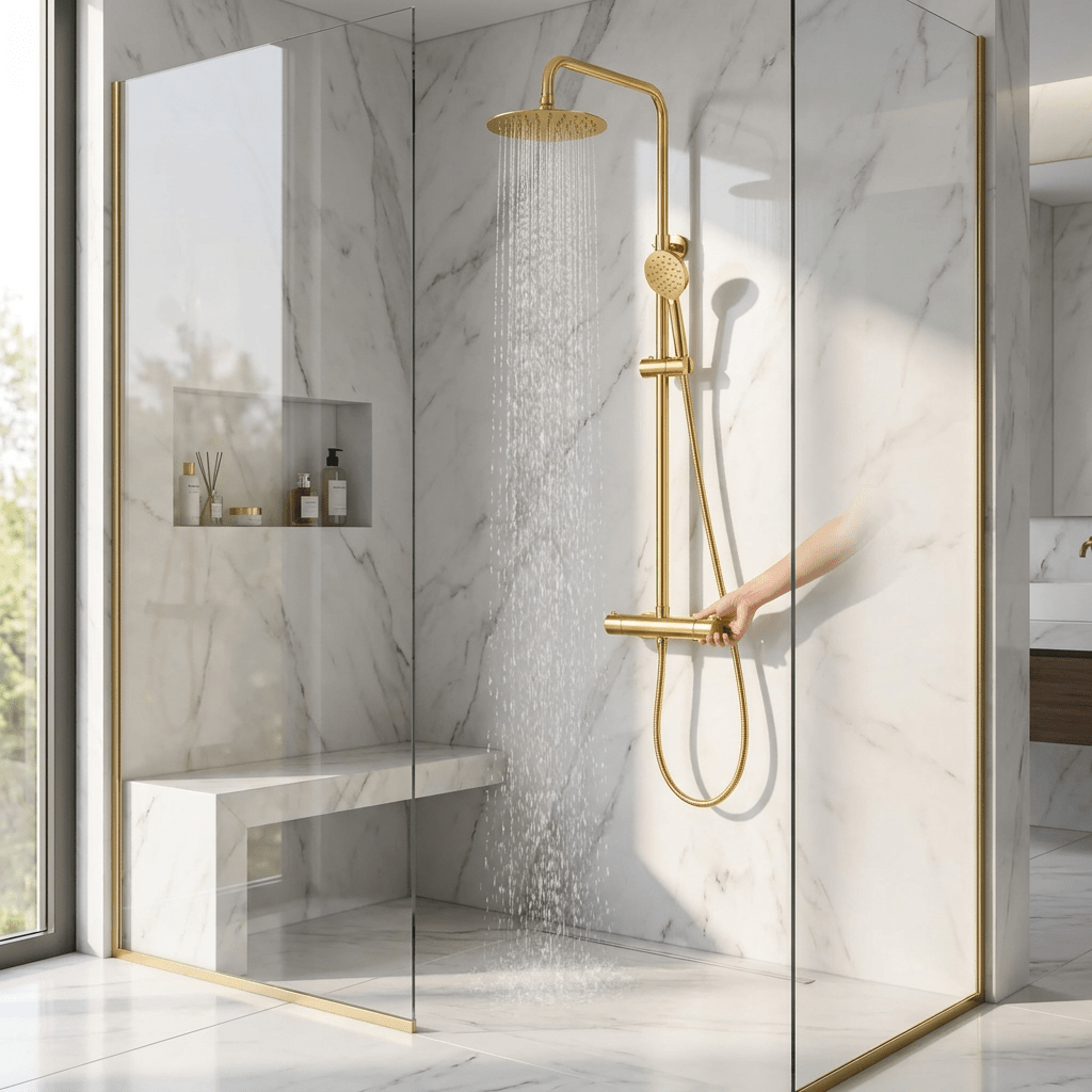 Chuveiro para Banheiro Termostático Dourado Redondo AurumVitta Bathroom Suites Artificio Lar