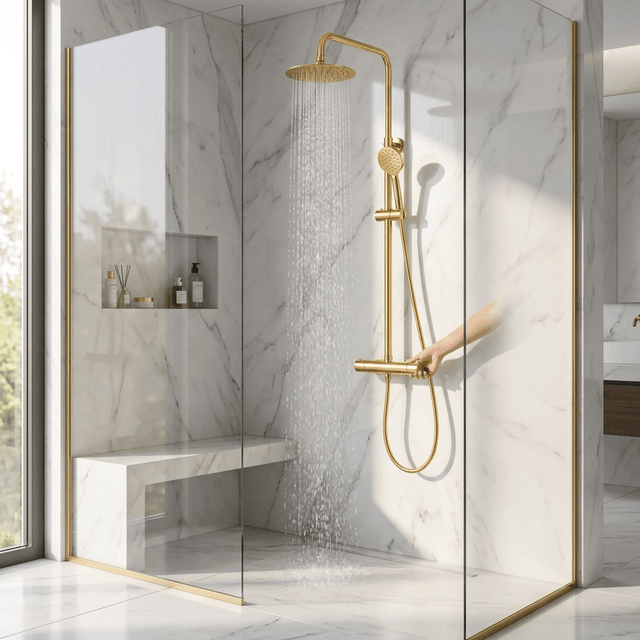 Chuveiro para Banheiro Termostático Dourado Redondo AurumVitta Bathroom Suites Artificio Lar