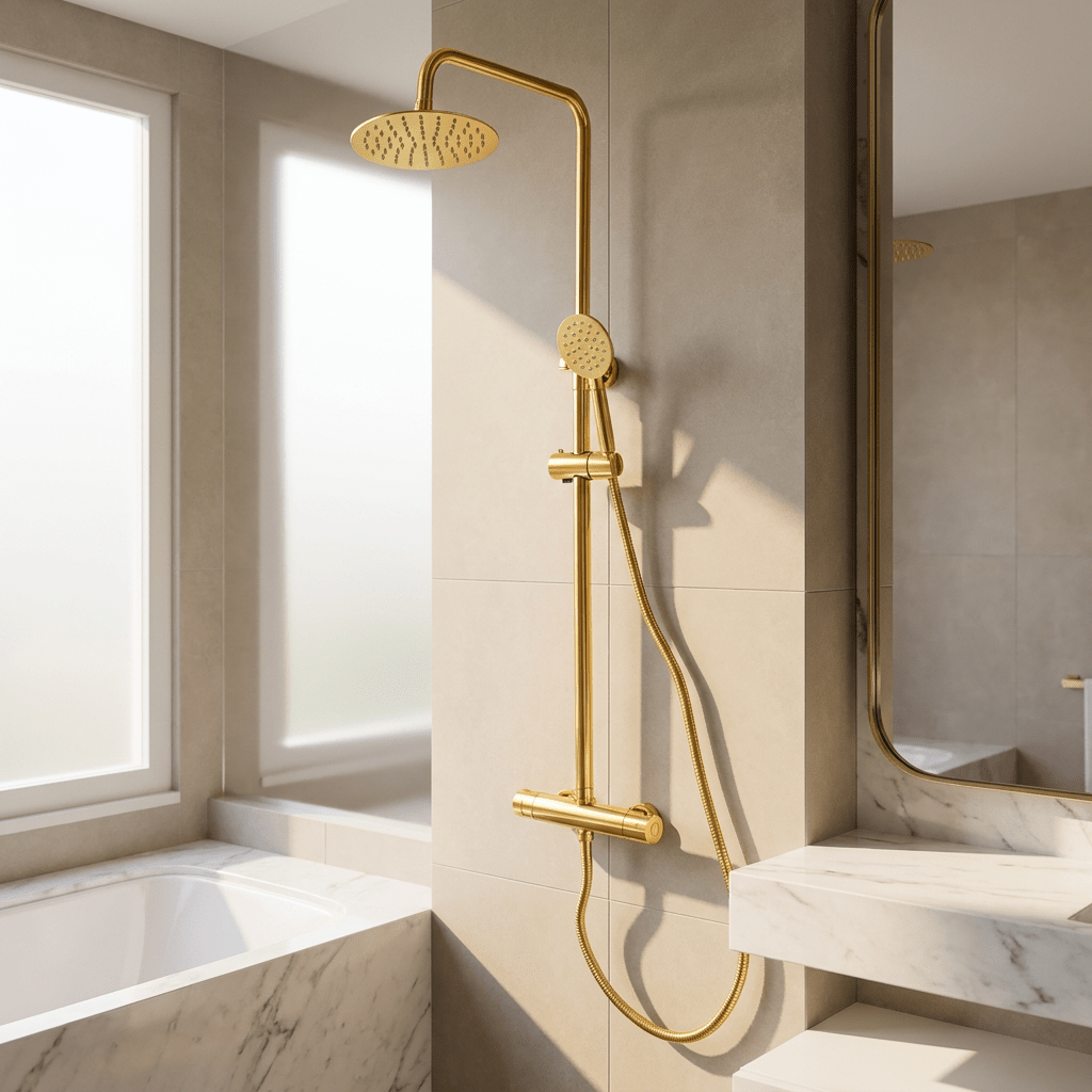 Chuveiro para Banheiro Termostático Dourado Redondo AurumVitta Bathroom Suites Artificio Lar Dourado