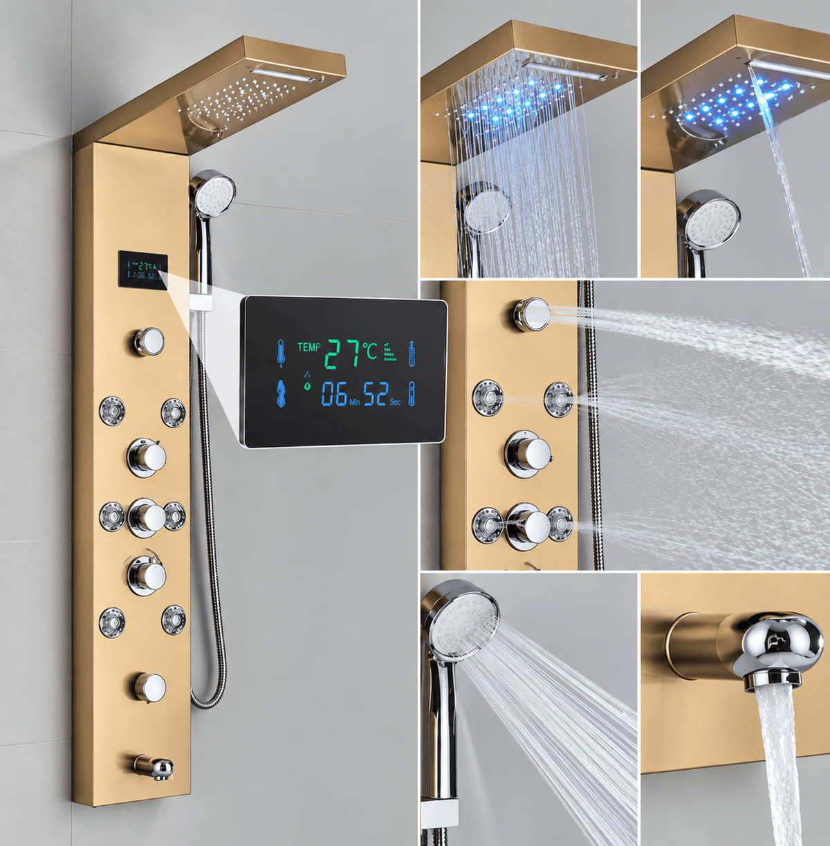 Ducha Vertical Com Hidro Cascata Led Visor Inox Spa Trust Ducha Vertical Com Hidro Cascata Led Visor Inox Artificio Lar Dourado 