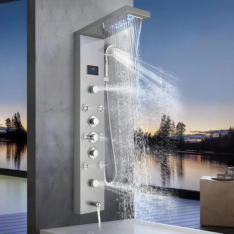 Ducha Vertical Com Hidro Cascata Led Visor Inox Spa Trust Ducha Vertical Com Hidro Cascata Led Visor Inox Artificio Lar Níquel Escovado Á Pronta Entrega 