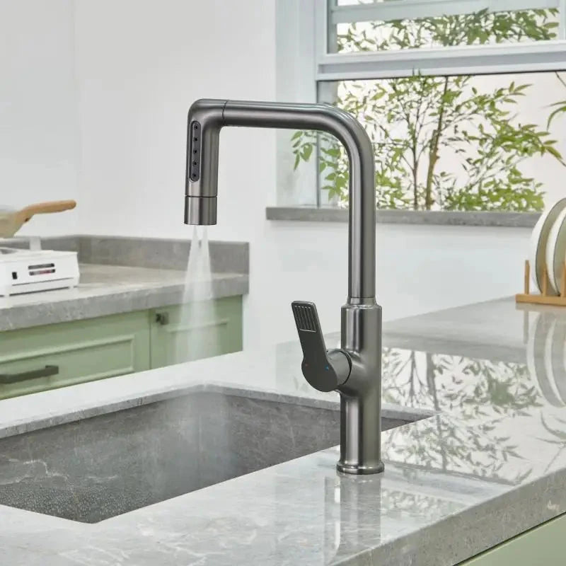 Gun gray kitchen faucet pull-out vegetable sink hot and cold copper splash proof sink balcony rotating Artificio Lar 