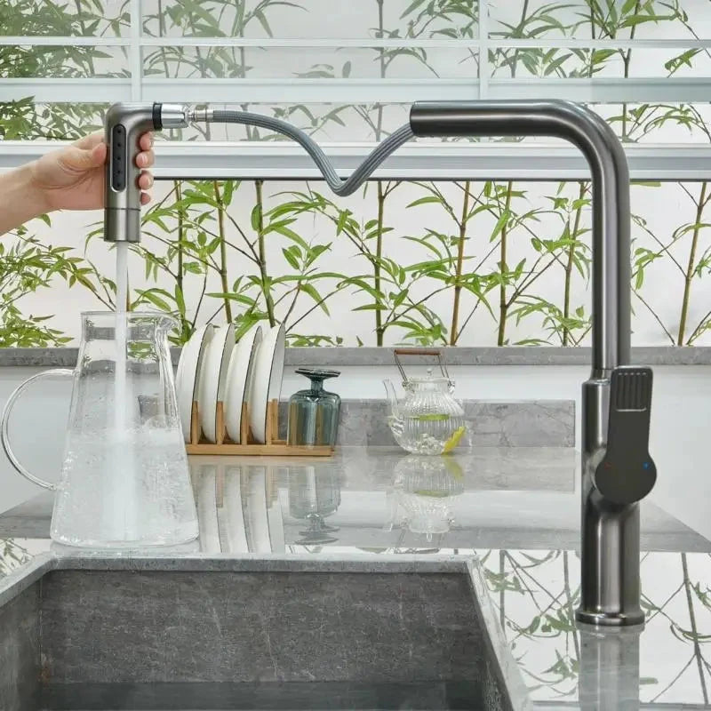Gun gray kitchen faucet pull-out vegetable sink hot and cold copper splash proof sink balcony rotating Artificio Lar 