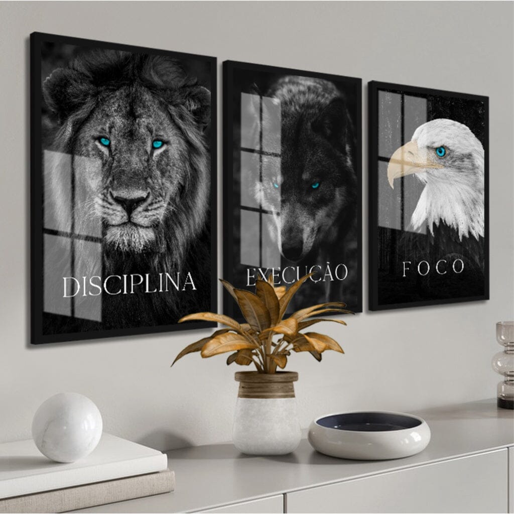 Kit 3 Quadros Decorativos Leão Animais Motivacional Moderno Para Sala Quarto Com Moldura e Vidro Quadros Artificio Lar 