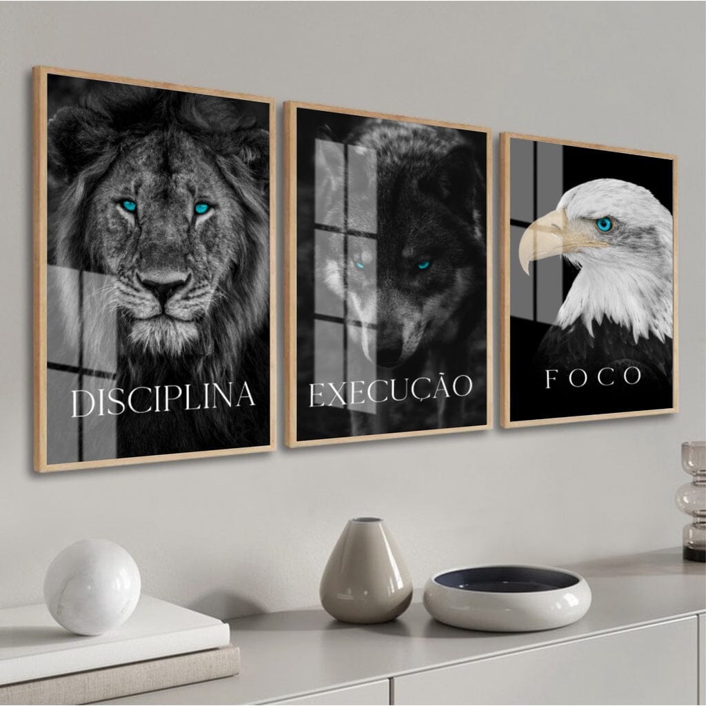 Kit 3 Quadros Decorativos Leão Animais Motivacional Moderno Para Sala Quarto Com Moldura e Vidro Quadros Artificio Lar Bege Com Vidro 40 x 60 A Pronta Entrega