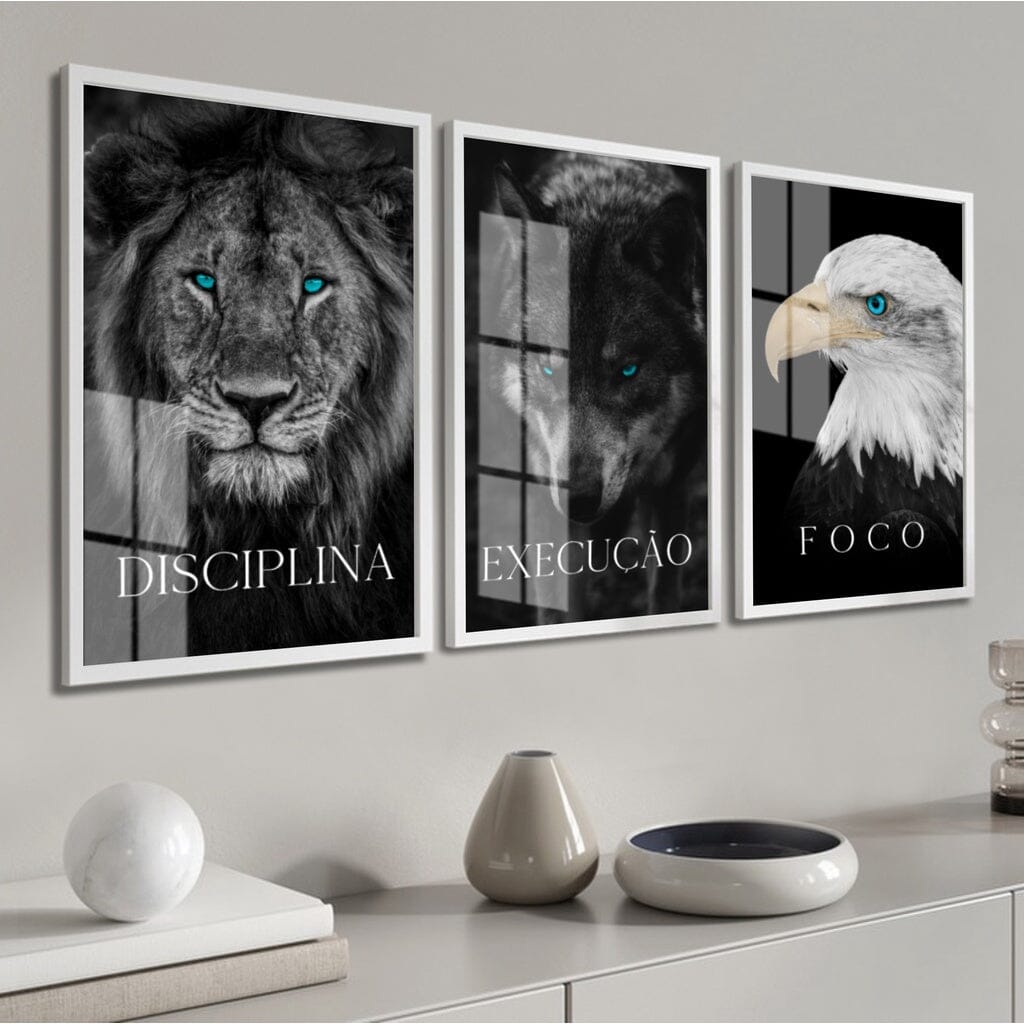 Kit 3 Quadros Decorativos Leão Animais Motivacional Moderno Para Sala Quarto Com Moldura e Vidro