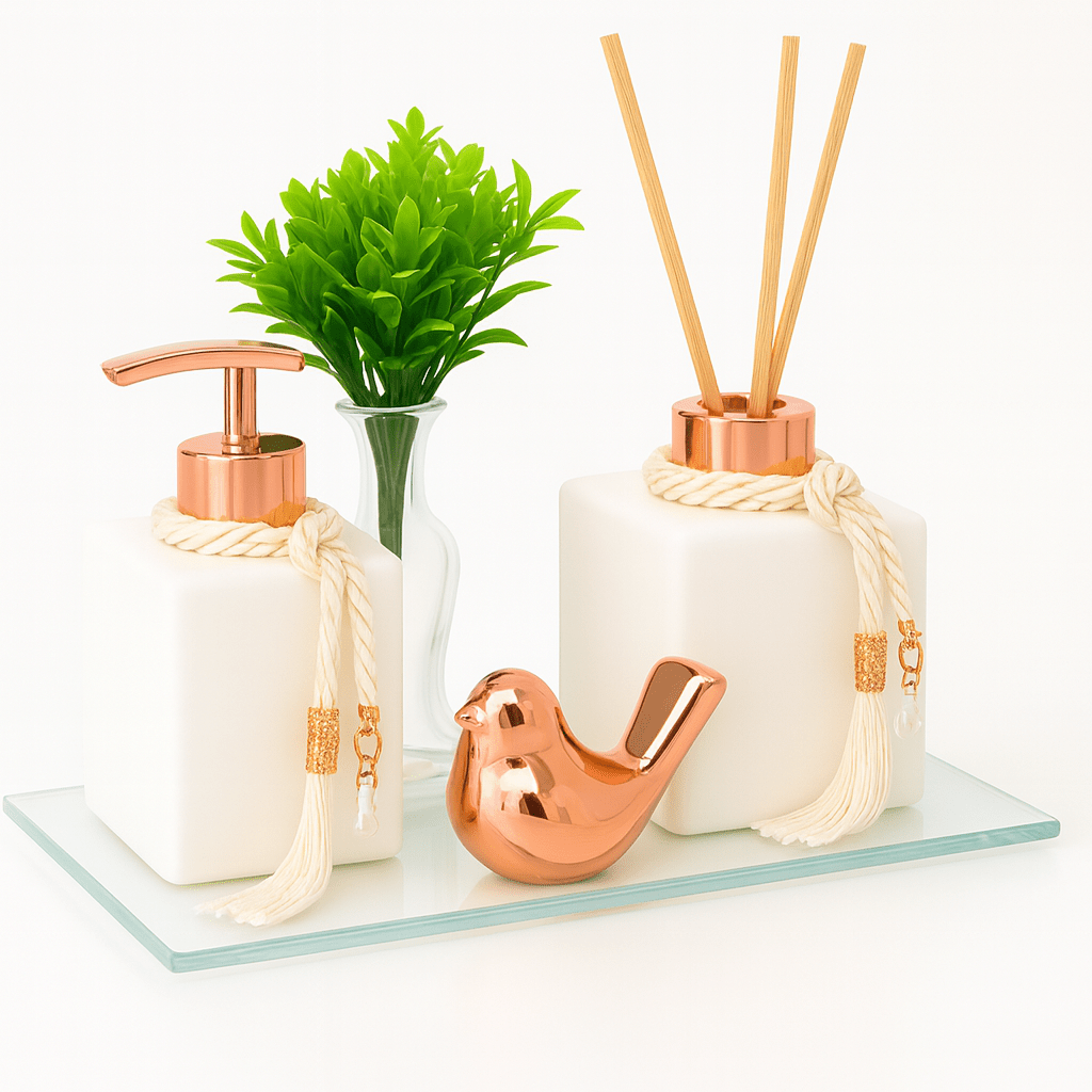 Kit Banheiro Lavabo Groover Difusor Aromatizador e Saboneteira Luxo C/ Bandeja Espelhada Kit Banheiro Lavabo Groover Difusor Aromatizador e Saboneteira Luxo C/ Bandeja Espelhada Artificio Lar ROSE 