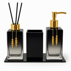 Kit Lavabo Luxo Sabonete Líquido Troover C/ Porta Escovas e Aromatizante Kit Lavabo Luxo Sabonete Líquido Troover C/ Porta Escovas e Aromatizante Artificio Lar Preto Degrade C/ Dourado A Pronta Entrega 