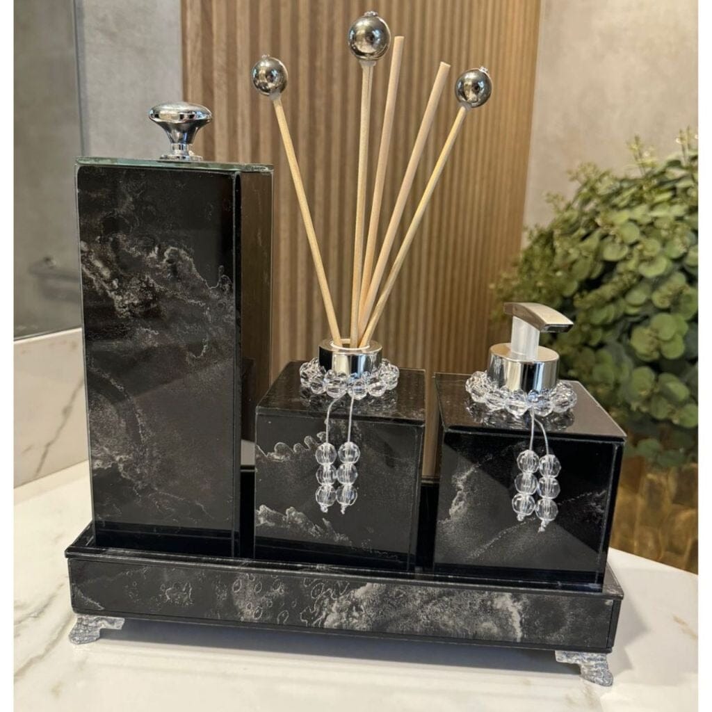 Kit Lavabo Mármore Fior com Porta Escova Grande Kit Lavabo Mármore Fior com Porta Escova Grande e Decoração Completa Bandeja 25x10 Artificio Lar Preto `Prata A pronta entrega 