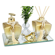 Kit Lavabo Vidro Estrela Super Luxo Difusor E Saboneteira C/ Bandeja + Enfeite grupo 01 acessorios para banheiro Artificio Lar Degrade Dourado Pássarinho 