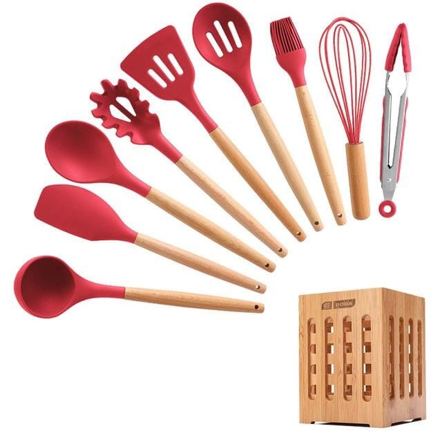 Kit Master Conchas e Colheres Espátulas Chef Coloridos kit master chef Artificio Lar 10 peças - VERMELHO - VAZADA 