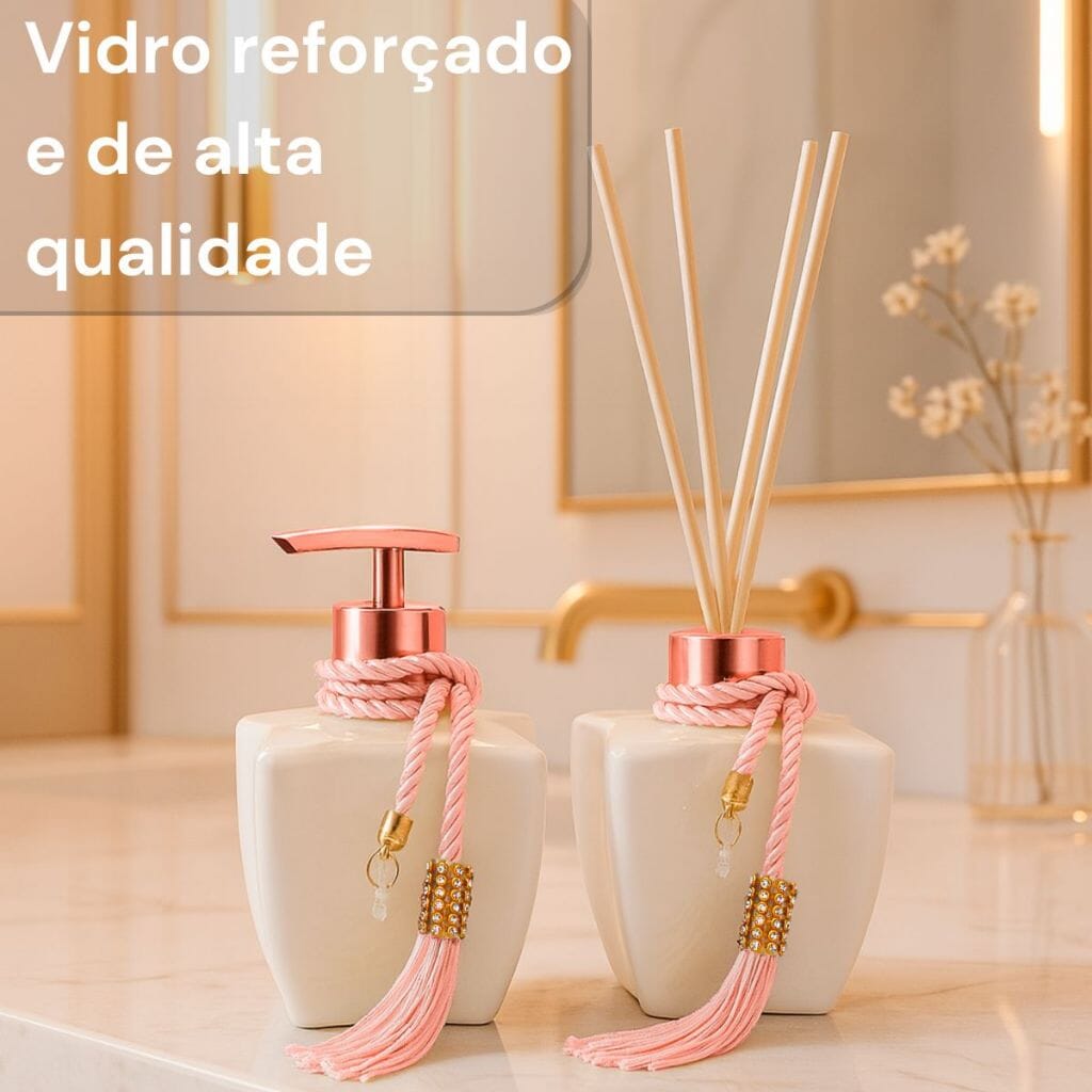 Kit Vidros Lavabo Branco Deluxe C/ Enfeite Difusor E Sabonete Kit Vidros Lavabo Branco Deluxe C/ Enfeite Difusor E Sabonete Artificio Lar 