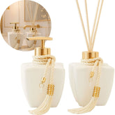 Kit Vidros Lavabo Branco Deluxe C/ Enfeite Difusor E Sabonete Kit Vidros Lavabo Branco Deluxe C/ Enfeite Difusor E Sabonete Artificio Lar Dourado 