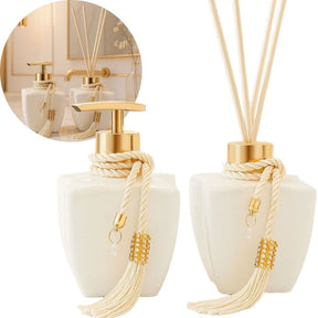 Kit Vidros Lavabo Branco Deluxe C/ Enfeite Difusor E Sabonete Kit Vidros Lavabo Branco Deluxe C/ Enfeite Difusor E Sabonete Artificio Lar Dourado 