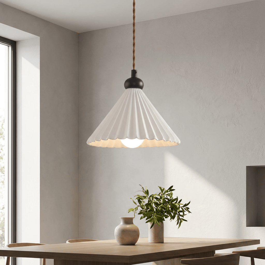 Luminária Pendente Cerâmica Plissada Branca Retrô Vellini Luminária Pendente Cerâmica Artificio Lar Branco Plissado