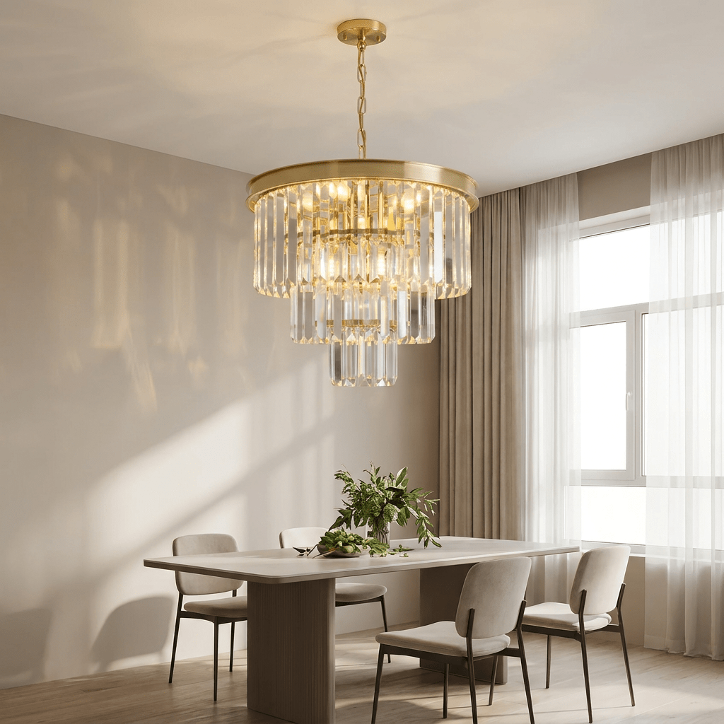 Lustre Pendente de Cristal Dourado Sala Aurion Lustre de Cristal Artificio Lar 50 cm Dourado