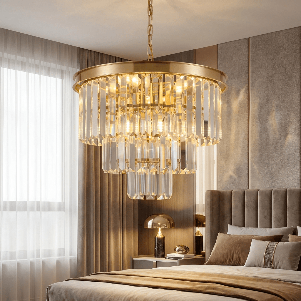 Lustre Pendente de Cristal Dourado Sala Aurion Lustre de Cristal Artificio Lar