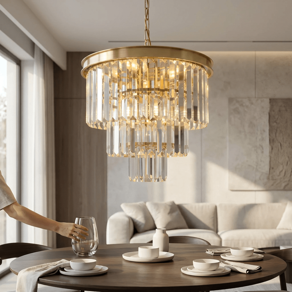 Lustre Pendente de Cristal Dourado Sala Aurion Lustre de Cristal Artificio Lar